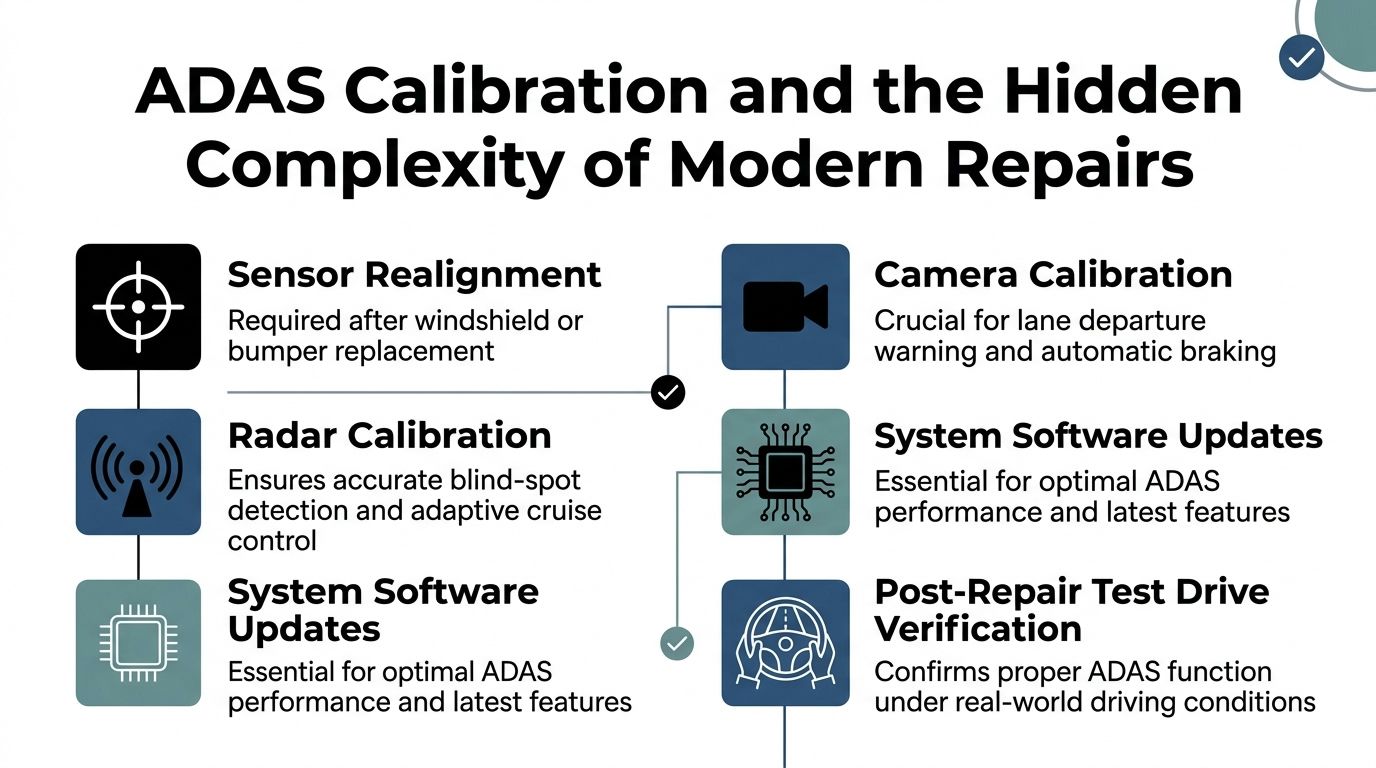 An infographic detailing the various components of ADAS calibration during modern automotive collision repair and maintenance.