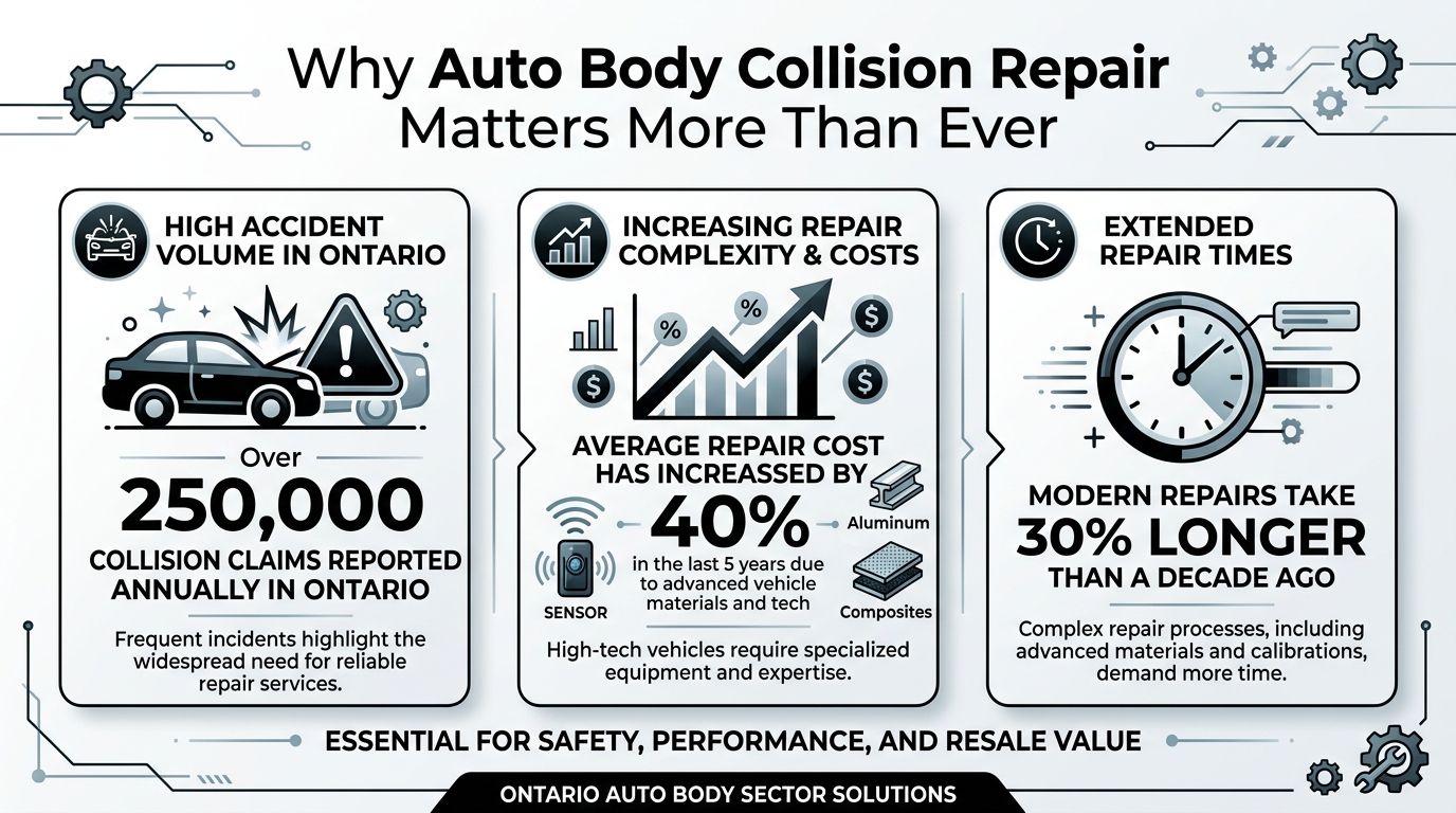 An infographic titled Why Auto Body Collision Repair Matters, showing accident statistics, repair cost increases, and repair times.