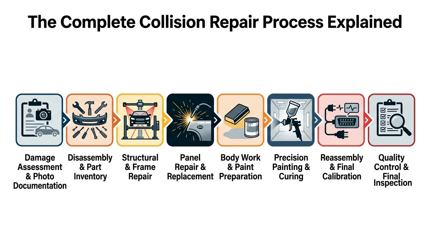 An infographic showing the eight steps of the auto body collision repair process from assessment to final inspection.