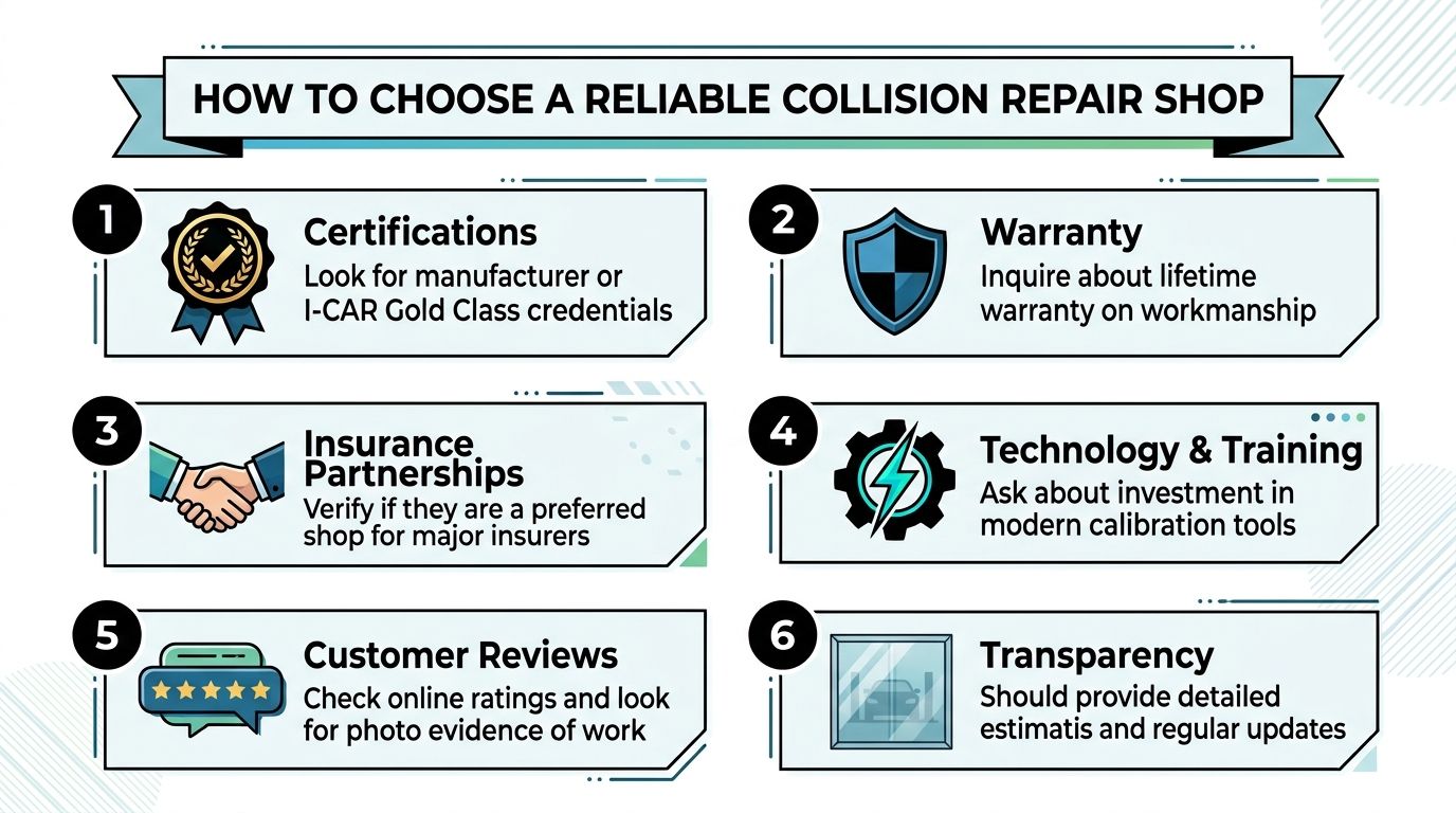 An infographic titled how to choose a reliable collision repair shop outlining six key factors for customers.