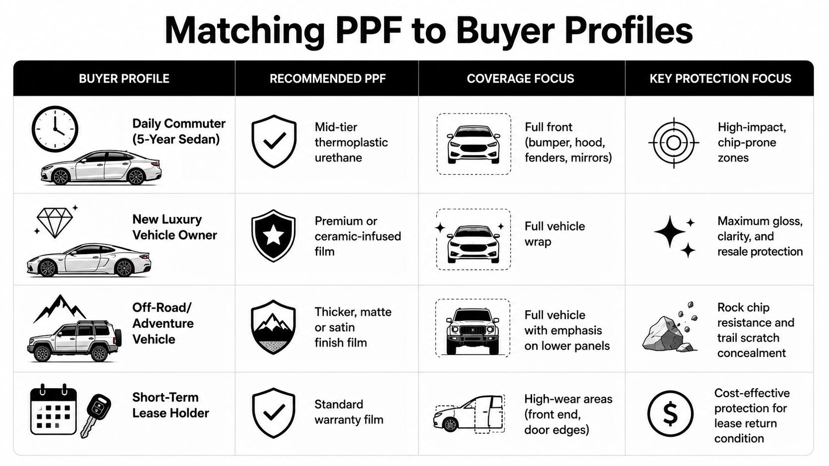 Best Paint Protection Film for Canadian Drivers 2 A table matching different car buyer profiles to recommended paint protection film types and coverage focus areas.