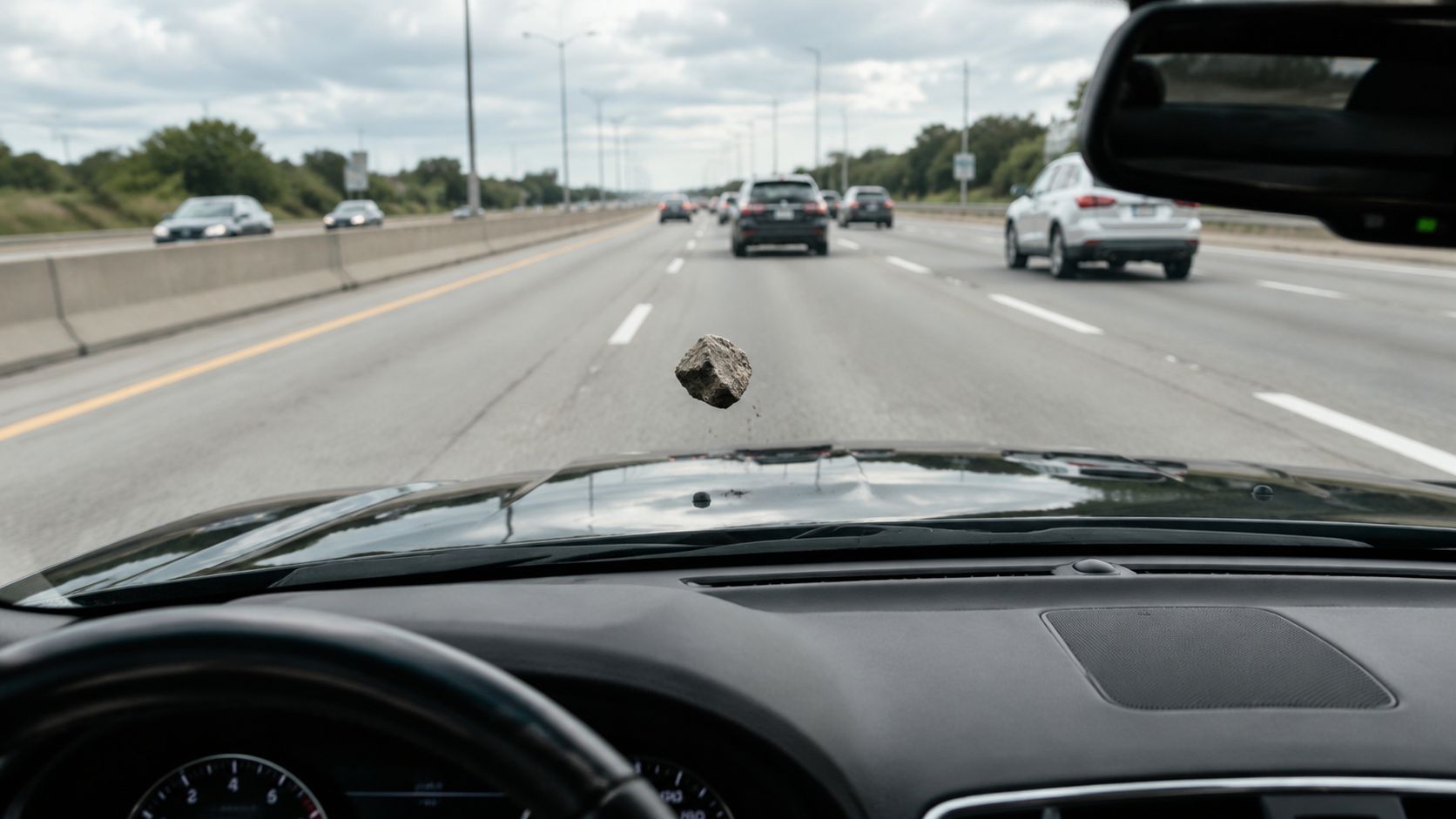 Does PPF Protect Against Rock Chips? a Whitby Driver's Guide 1 A rock flying in mid-air towards the windshield of a car driving on a busy highway.