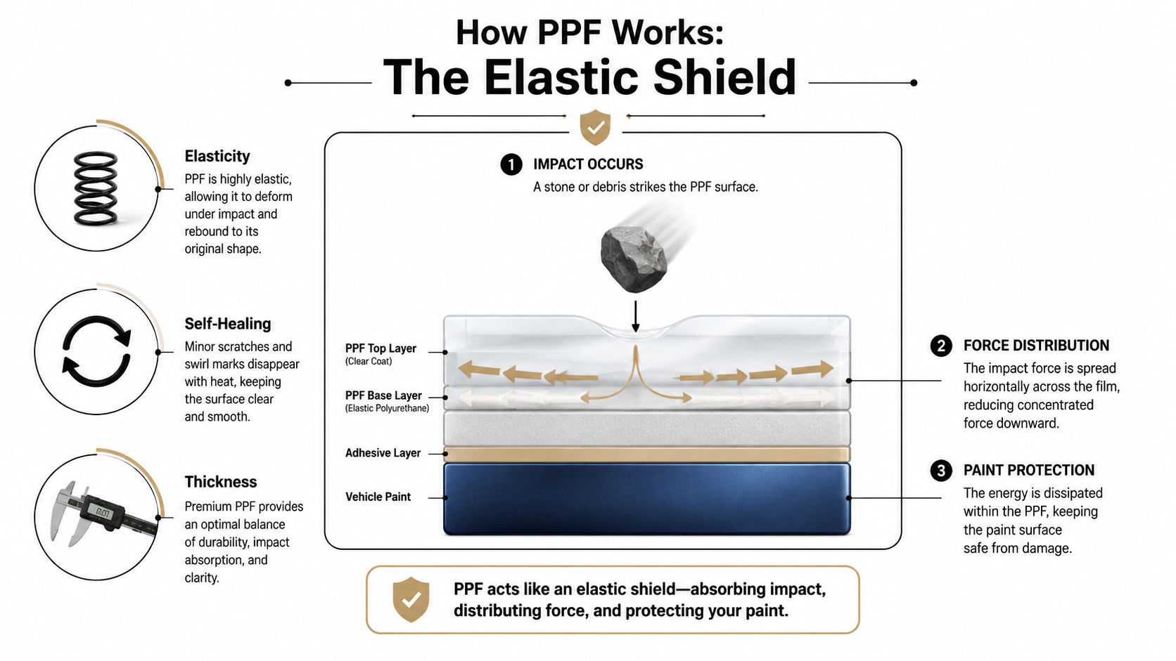 Does PPF Protect Against Rock Chips? a Whitby Driver's Guide 2 An infographic diagram explaining how paint protection film works as an elastic shield against rock chip impacts.