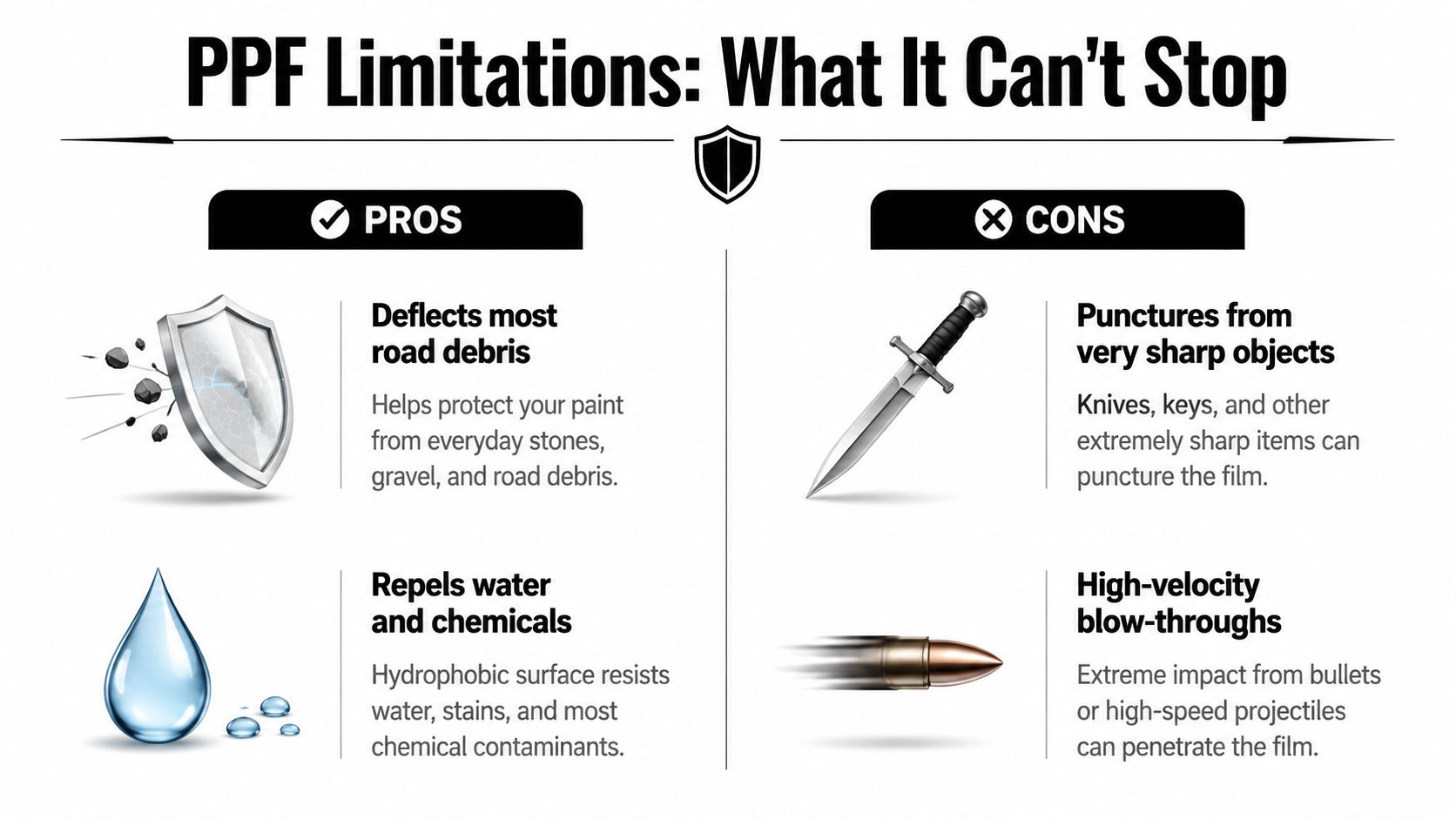 Does PPF Protect Against Rock Chips? a Whitby Driver's Guide 3 An infographic showing that paint protection film deflects road debris but cannot stop punctures from sharp objects.