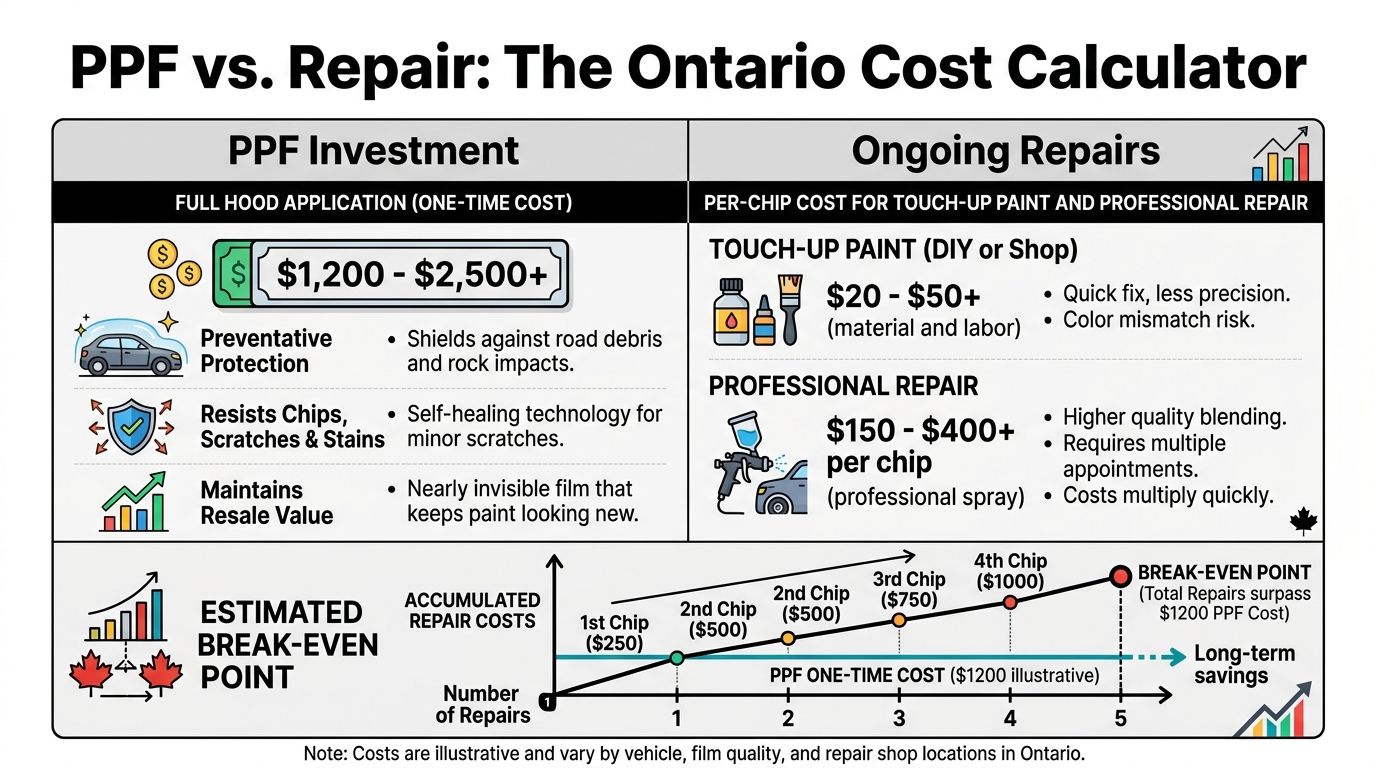 Does PPF Protect Against Rock Chips? a Whitby Driver's Guide 4 A comparison infographic showing the cost of Paint Protection Film versus ongoing professional vehicle paint chip repairs.