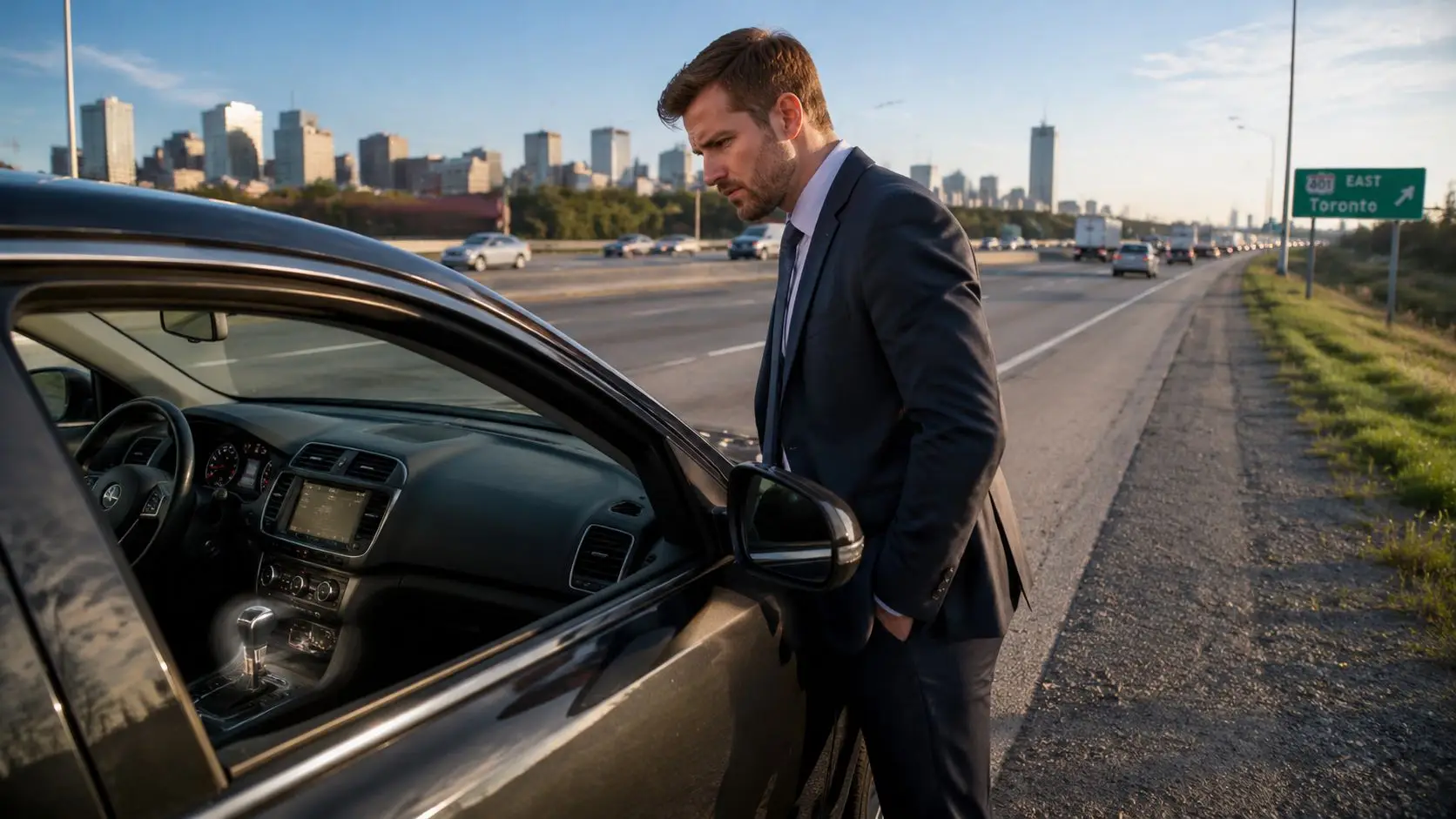Extended Warranty Coverage: What Whitby Drivers Need to Know 1 A businessman in a suit stands on a highway shoulder looking into his broken-down car interior.