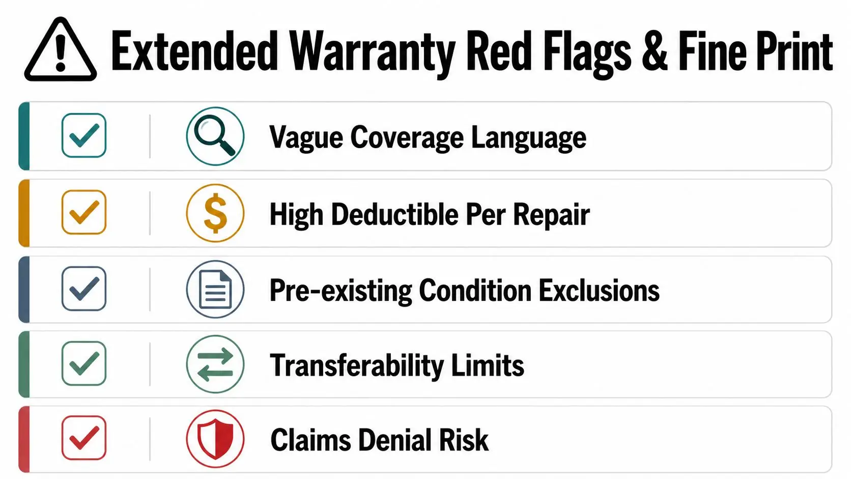 Extended Warranty Coverage: What Whitby Drivers Need to Know 3 An infographic list showing five common red flags and fine print clauses for extended warranty contracts.