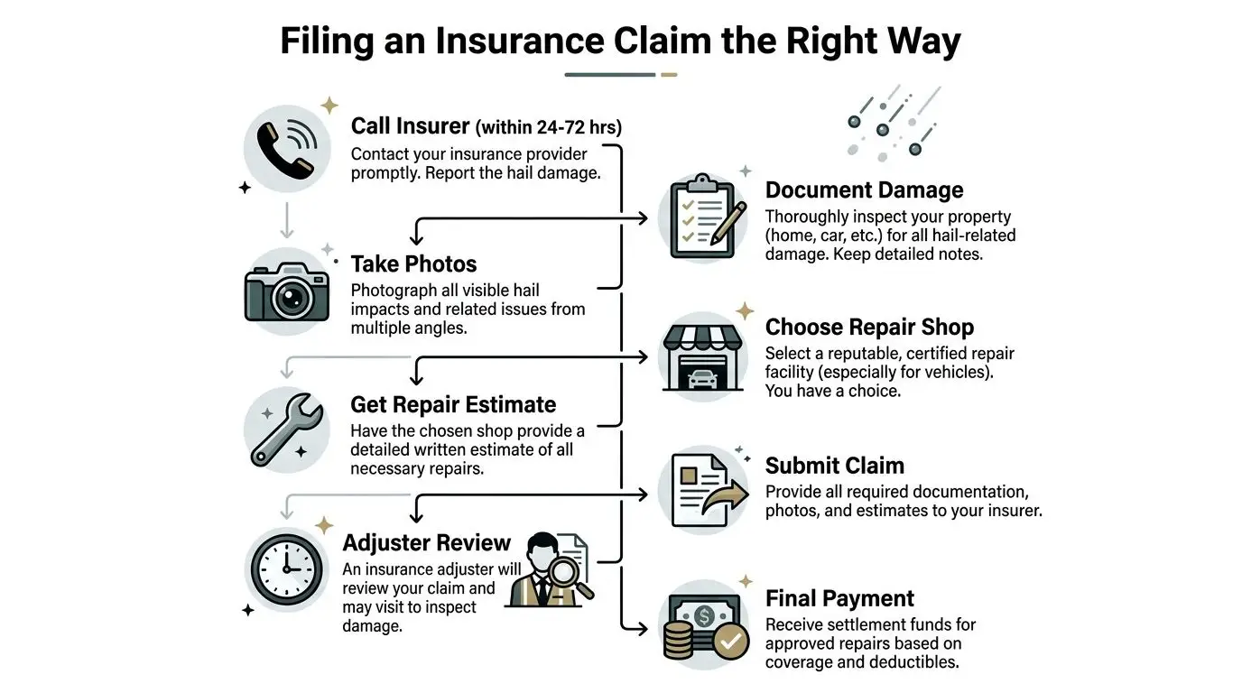Hail Damage Repair Explained for Ontario Drivers 1 An infographic showing the step-by-step process of filing a hail damage insurance claim correctly.
