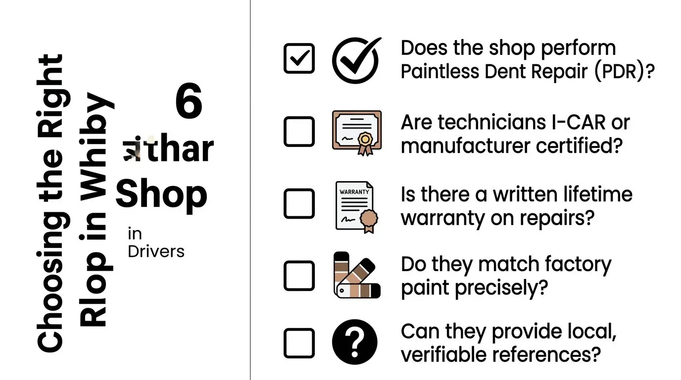 Hail Damage Repair Explained for Ontario Drivers 3 A checklist for choosing a car repair shop featuring five key questions for vehicle owners to consider.
