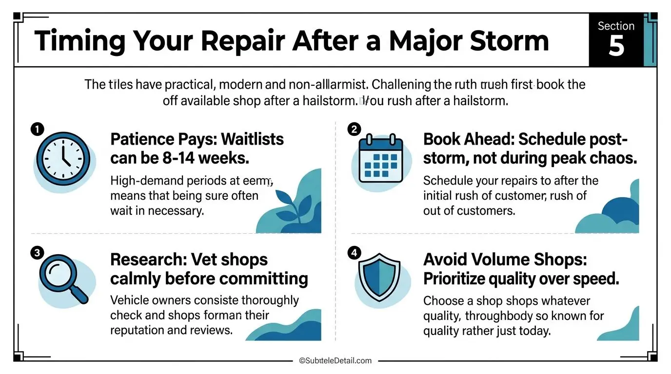 Hail Damage Repair Explained for Ontario Drivers 2 An infographic titled Timing Your Repair After a Major Storm providing advice for post-storm vehicle repairs.