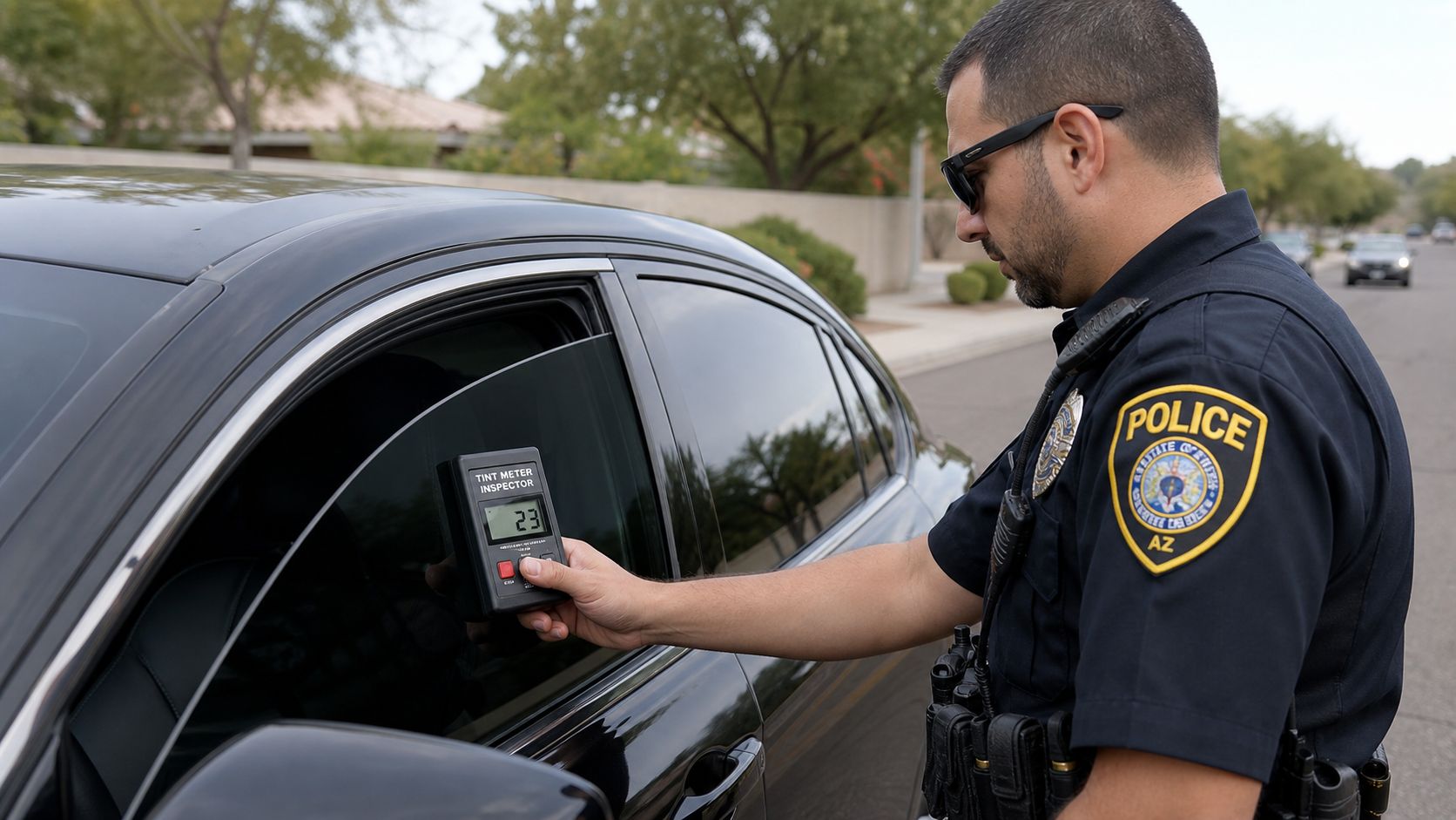 A police officer uses a handheld tint meter to measure the window darkness of a black car.