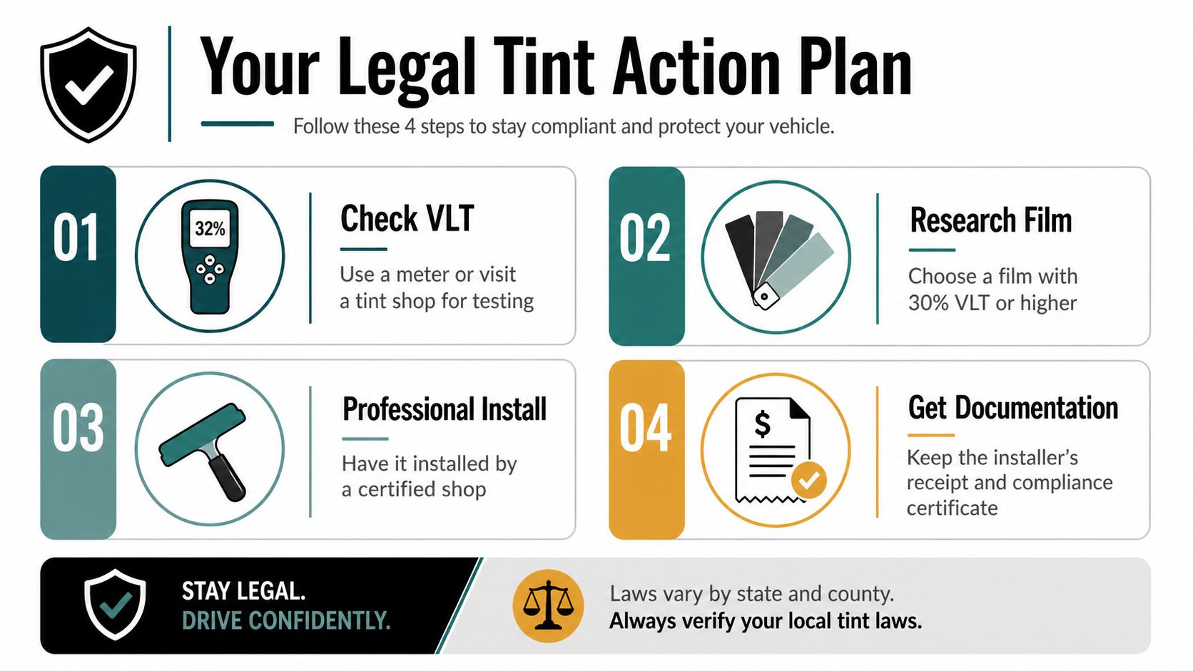 A four-step legal tint action plan infographic illustrating how to stay compliant with vehicle window tinting regulations.