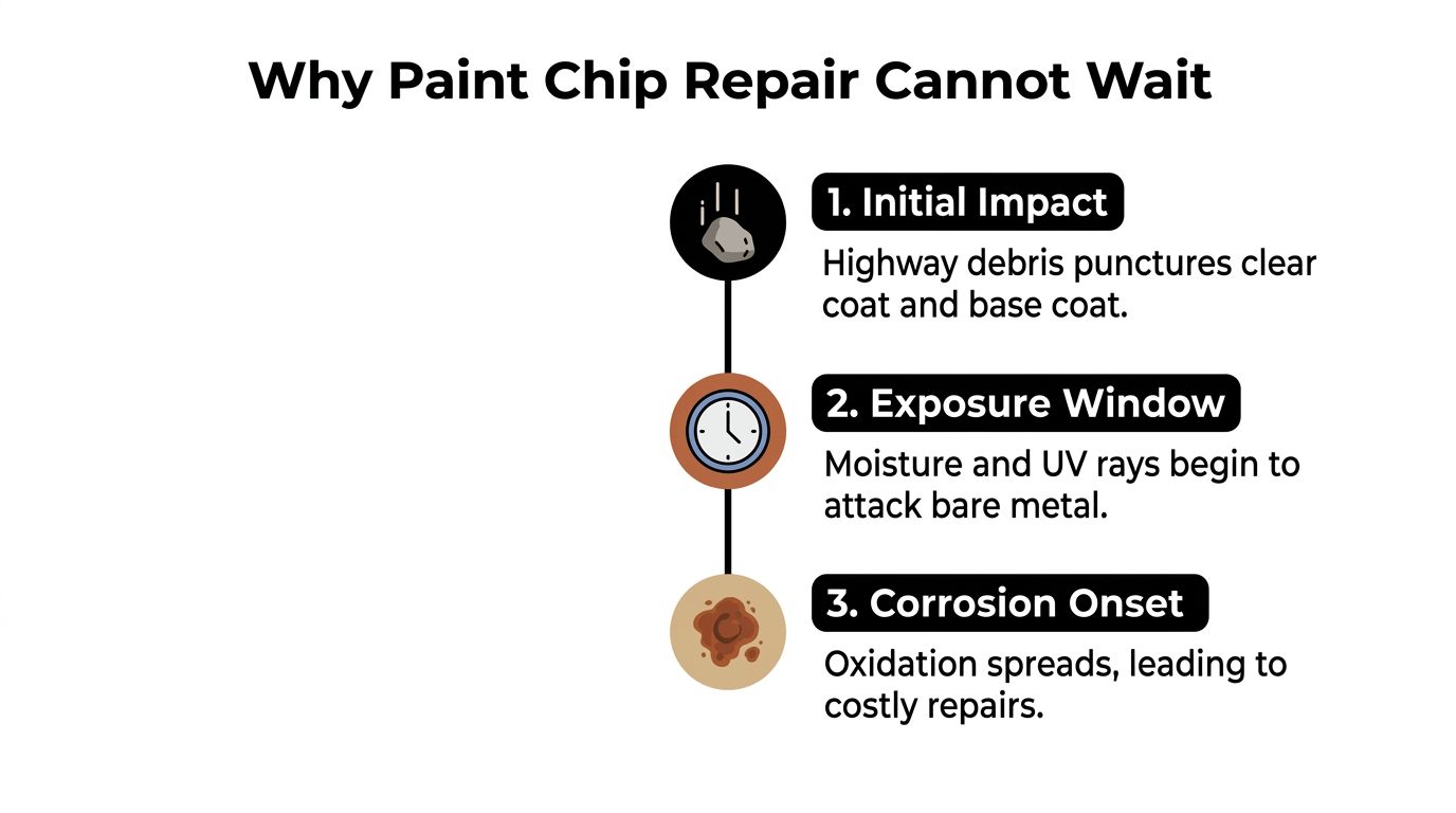 Paint Chip Repair: A Step-by-Step Guide for 2026 1 A three-step infographic showing how highway debris leads to paint chips, exposure, and eventual vehicle corrosion.