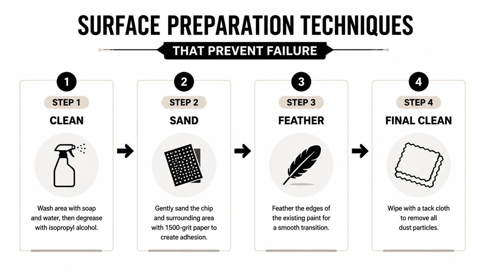 Paint Chip Repair: A Step-by-Step Guide for 2026 3 A four-step infographic illustrating surface preparation techniques for effective paint chip repair on surfaces.