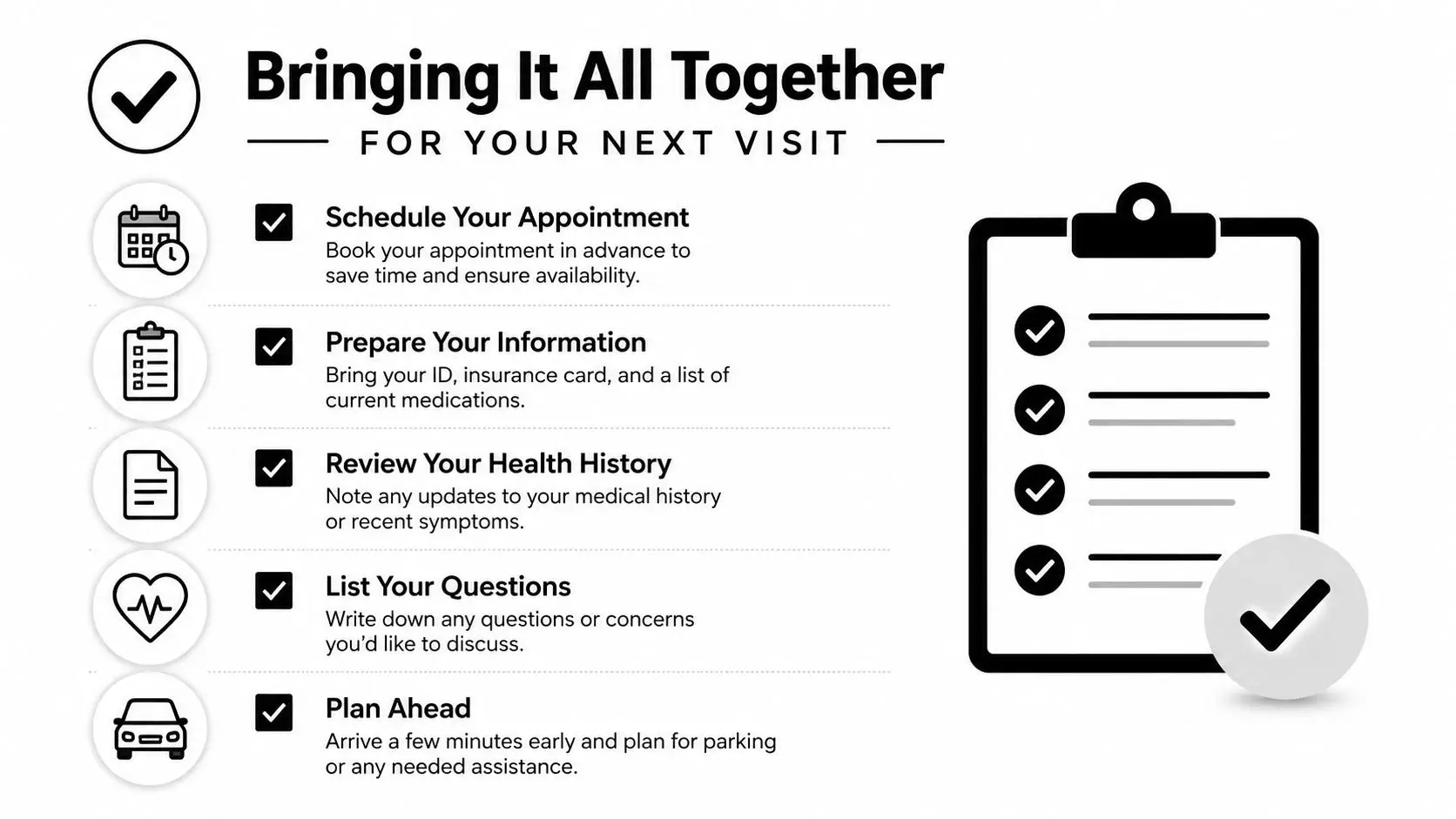 What Is Auto Repair Shop 3 A checklist infographic titled Bringing It All Together for Your Next Visit, featuring medical appointment tips.