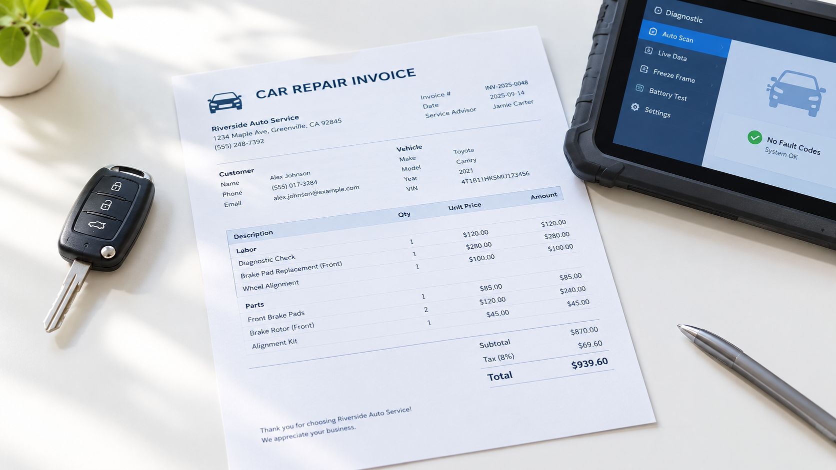 Car Repair Invoice Guide for Ontario Drivers 5 A car repair invoice document sits on a desk next to a car key and a diagnostic tablet.