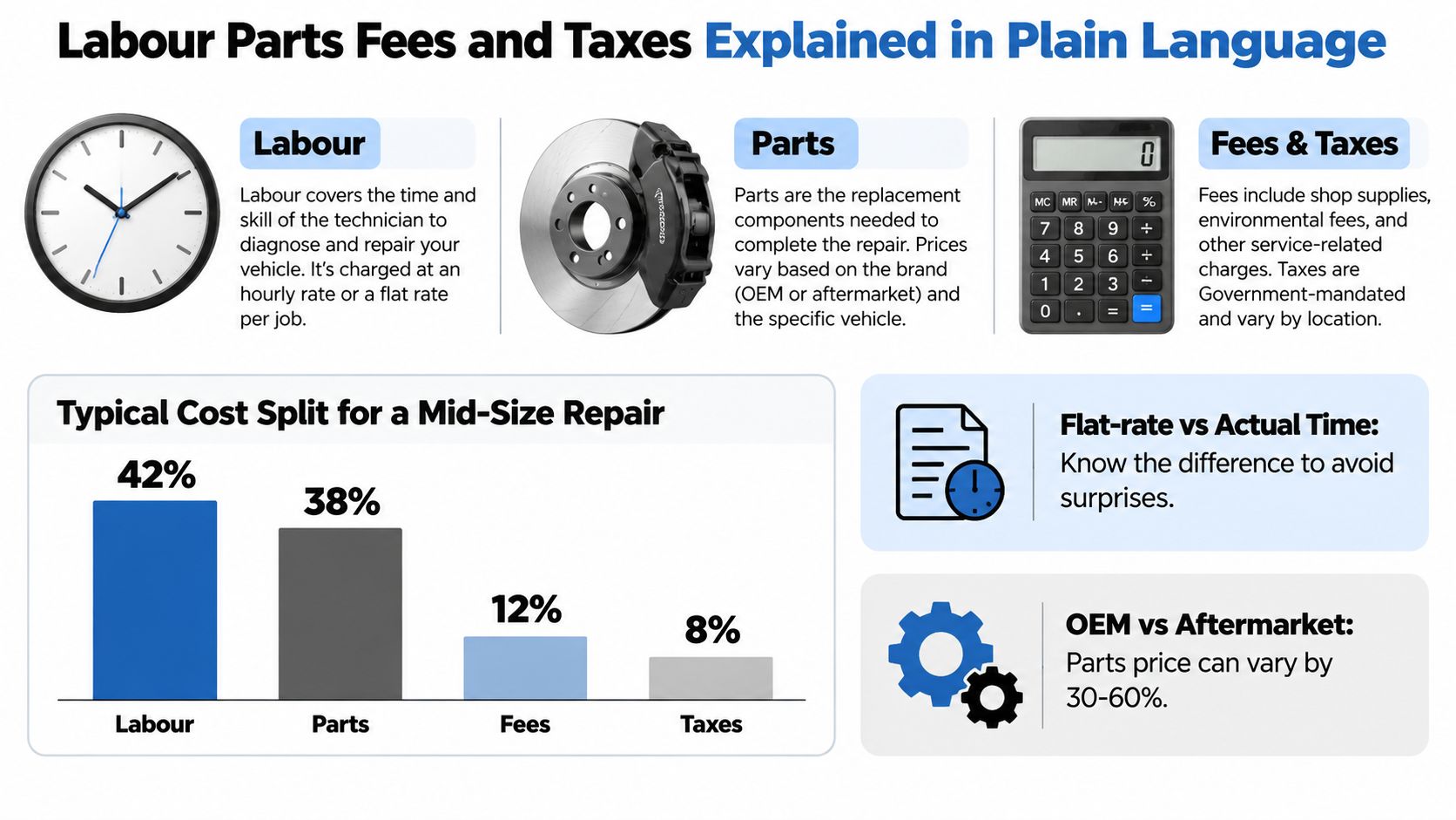 Car Repair Invoice Guide for Ontario Drivers 7 An infographic explaining common components of car repair costs including labour, parts, fees, and government taxes.