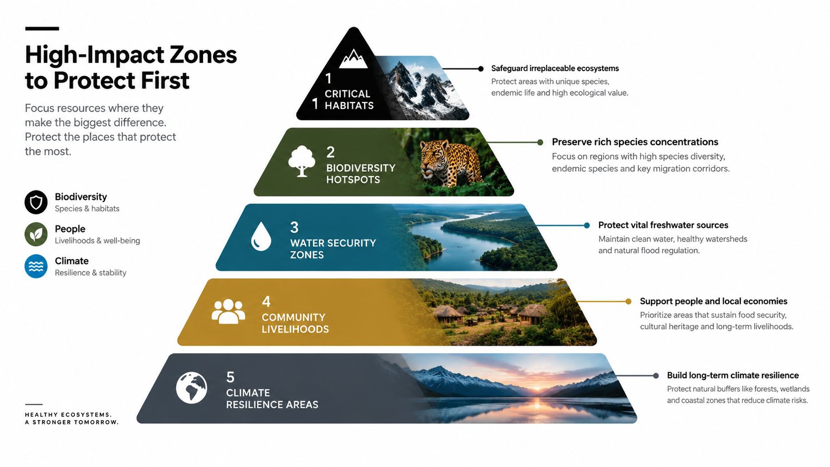 How to Protect Car from Rock Chips in Ontario 1 A pyramid diagram showing five high-impact zones to protect, ranging from critical habitats to climate resilience areas.