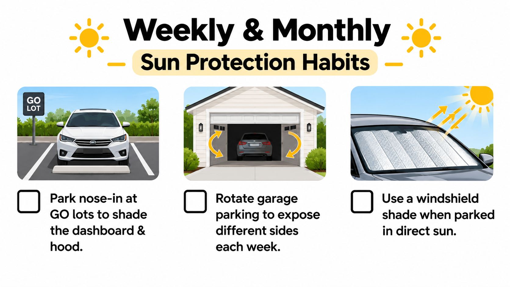 How to Protect Car Paint from Sun: A Canadian Driver's Guide 16 An infographic illustrating three practical methods for protecting your vehicle's exterior from sun damage.