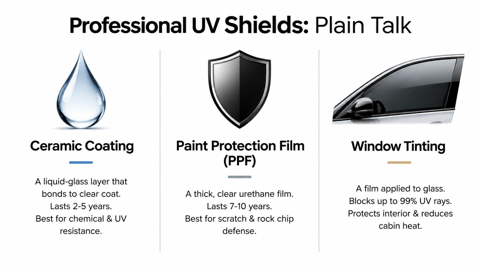 How to Protect Car Paint from Sun: A Canadian Driver's Guide 17 A comparison infographic showing three methods to protect car paint from UV damage: ceramic coating, PPF, and window tinting.