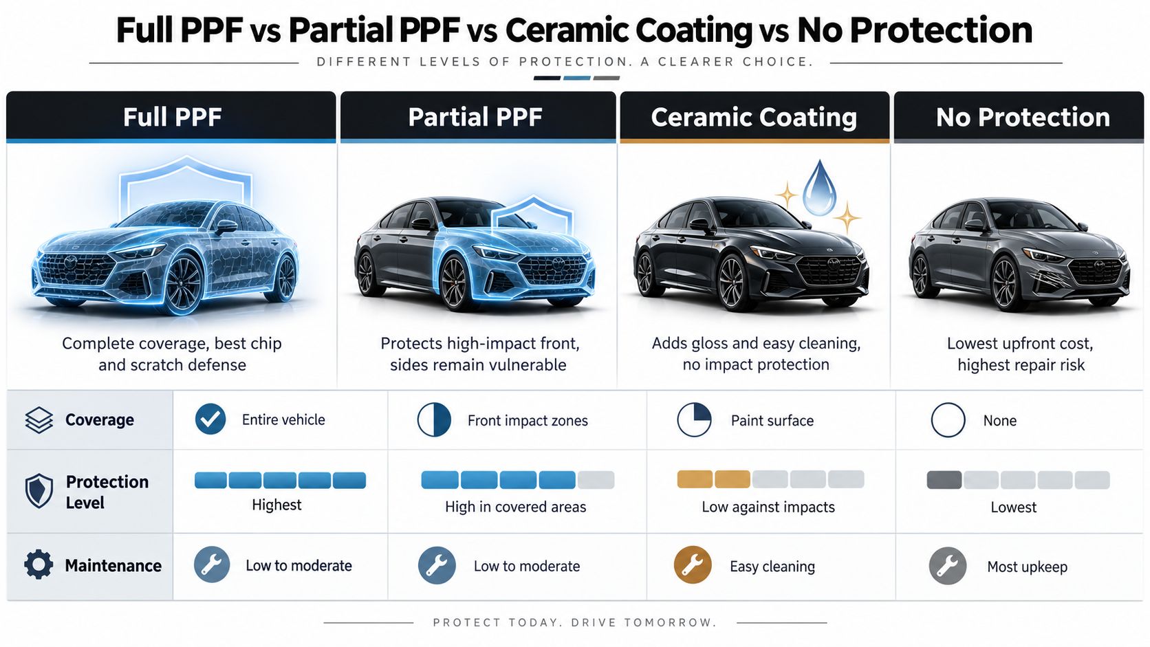 Is Full PPF Worth It for Canadian Drivers Today 19 A comparison chart showing the differences between full PPF, partial PPF, ceramic coating, and no vehicle protection.