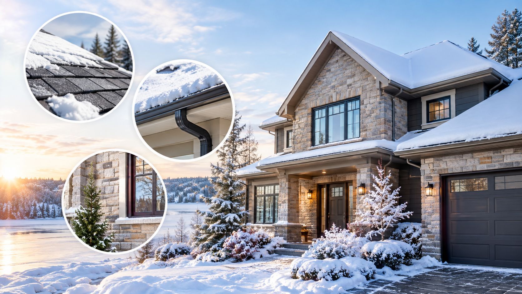 Is Full PPF Worth It for Canadian Drivers Today 22 A modern stone house with a snowy roof, detailed with close-up shots of shingles, gutters, and windows.