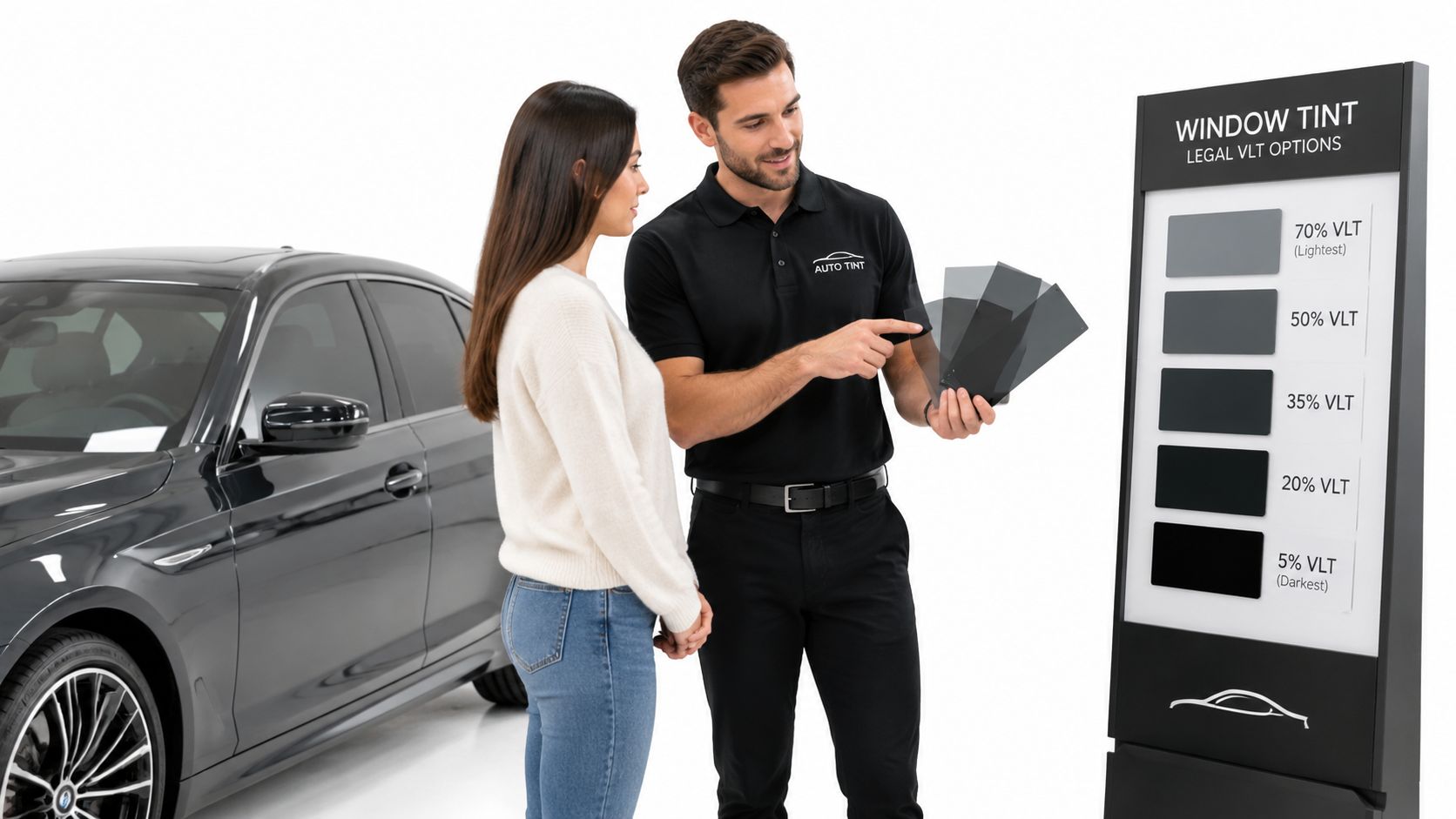 Legal Window Tint Rules for Ontario Drivers 14 A professional technician helping a female customer choose a window tint shade for her car.