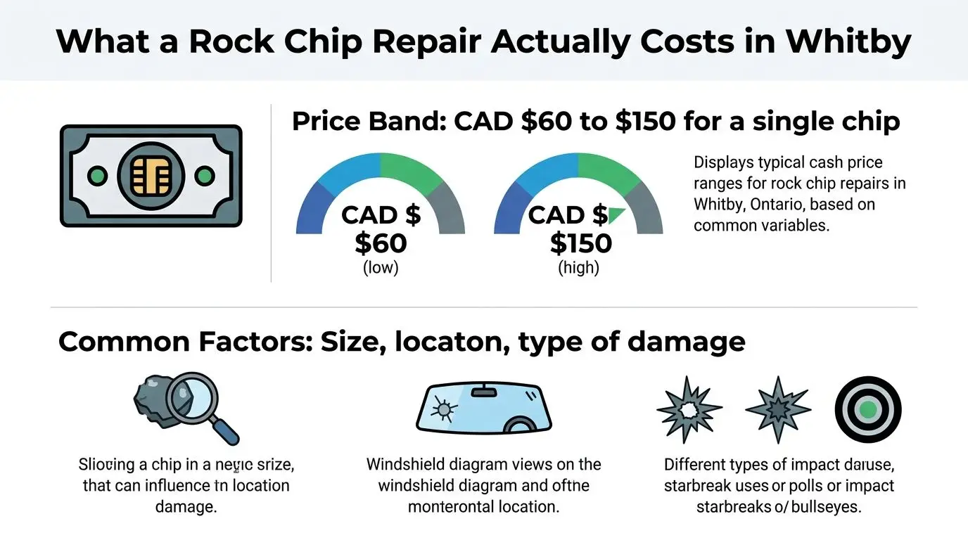 Rock Chip Repair Cost in Whitby: What Drivers Actually Pay 1 An infographic detailing the typical cost of windshield rock chip repairs in Whitby, ranging from $60 to $150.