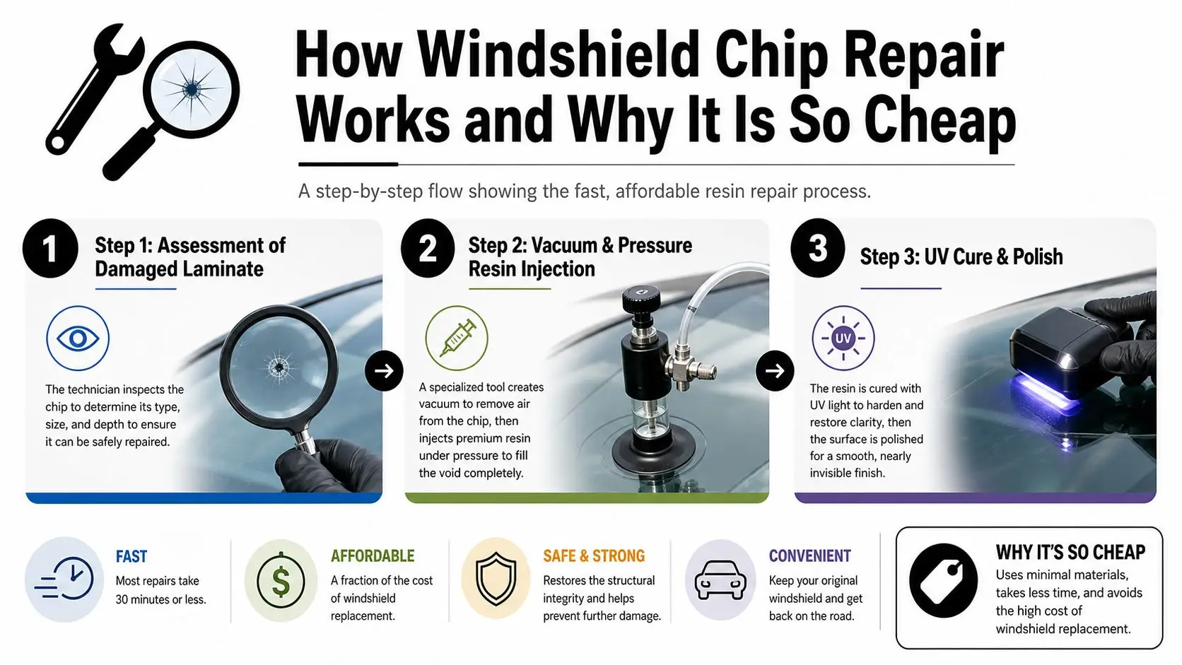 Rock Chip Repair Cost in Whitby: What Drivers Actually Pay 2 A three-step infographic explaining the windshield chip repair process, highlighting its affordability, efficiency, and safety benefits.