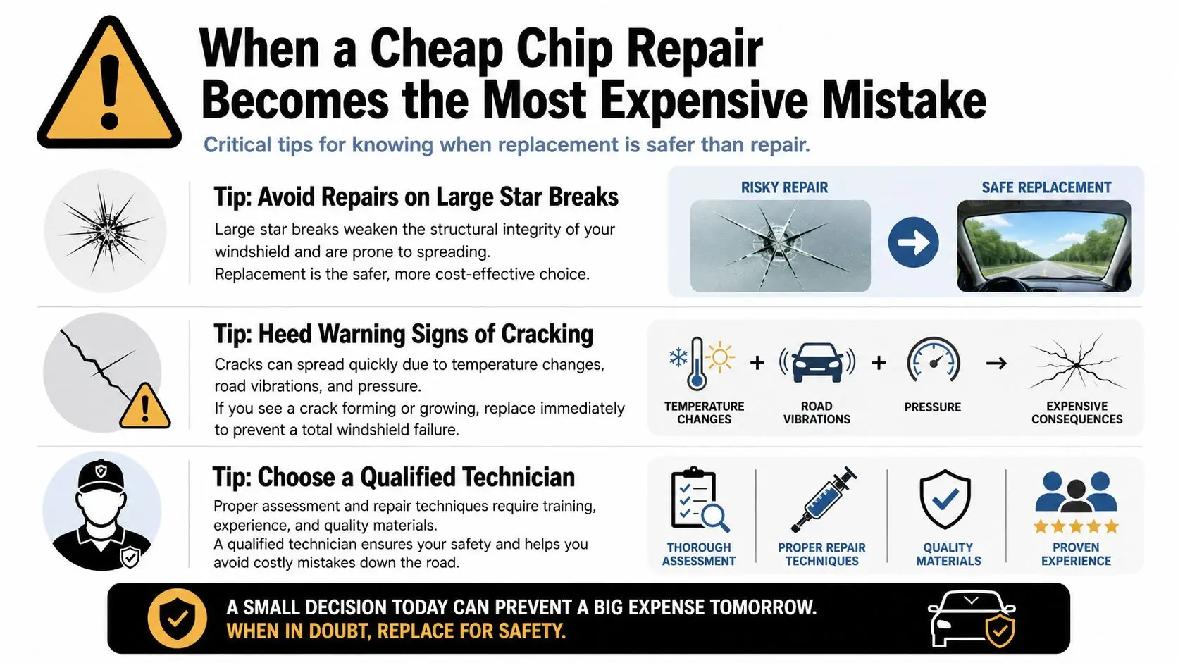 Rock Chip Repair Cost in Whitby: What Drivers Actually Pay 4 An infographic detailing safety tips for windshield chip repairs, highlighting when to choose replacement over repair.