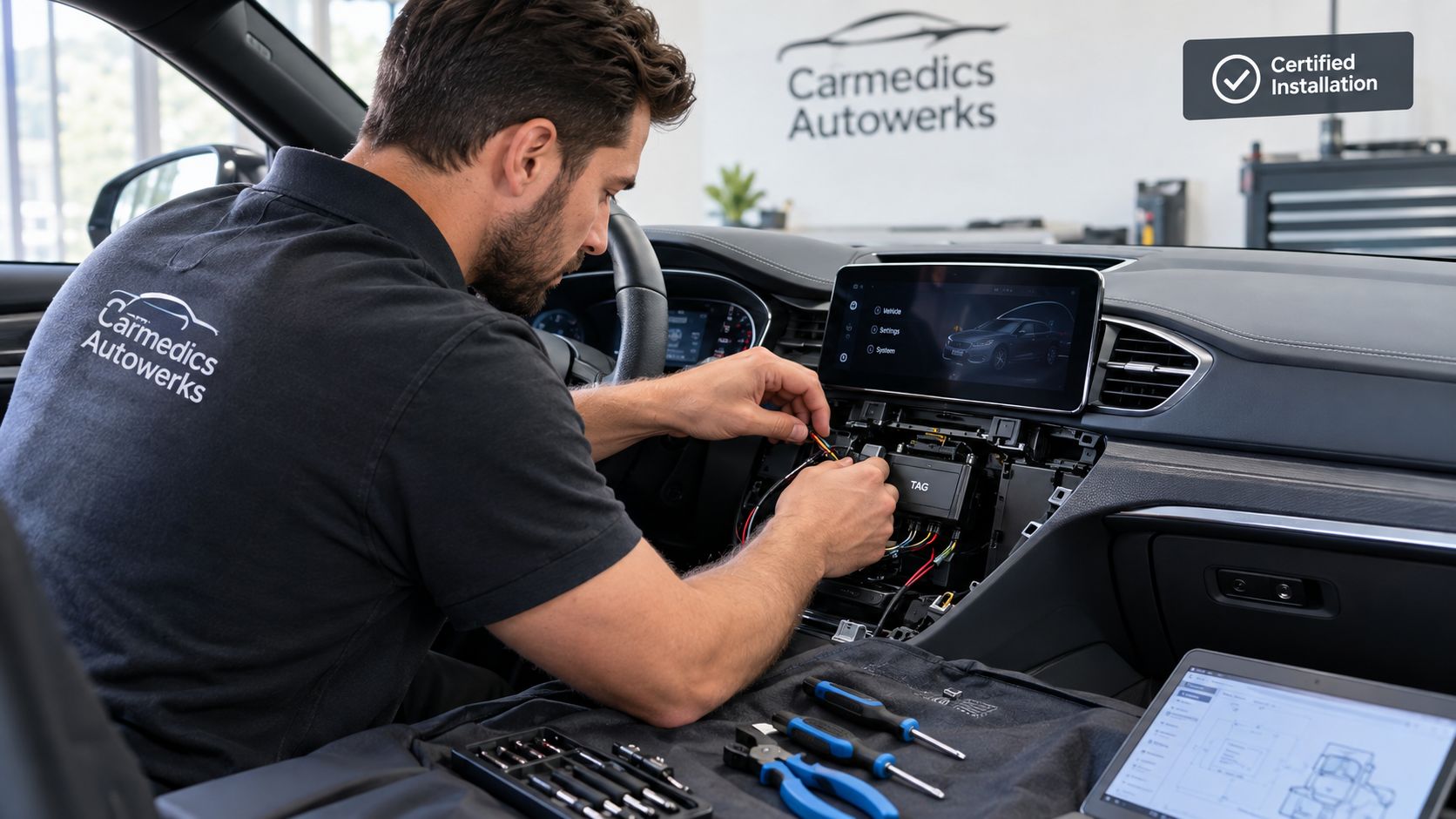 Tag Installation Cost Explained for Whitby Drivers 2 A professional technician installing a security TAG device into the car dashboard at Carmedics Autowerks.