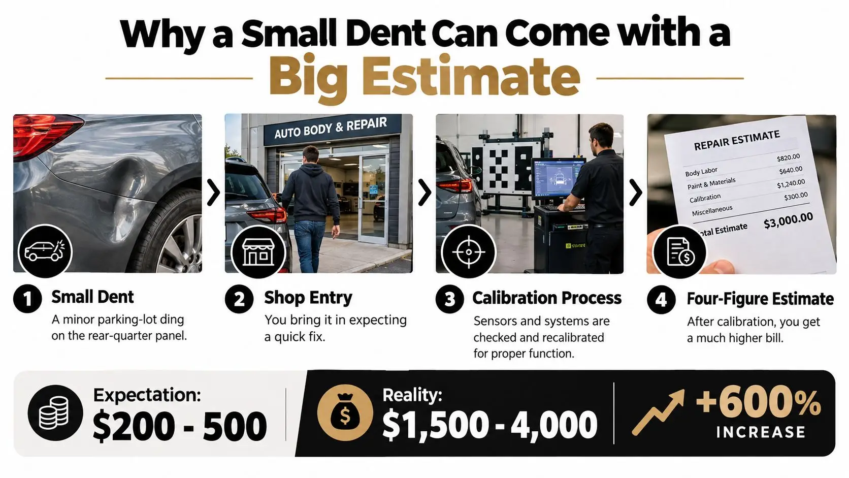 Car Body Repair Cost: A Practical Guide for Ontario Drivers 1 An infographic explaining why car body repairs with minor dents can have surprisingly high total cost estimates.
